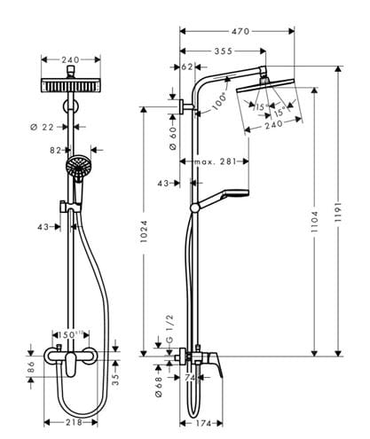 HANSGROHE CROMETTA E SHOWERPIPE 240 sprchový set s baterií, horní sprcha, ruční sprcha se 2 proudy, tyč, hadice, chrom 27284000 Technický nákres
