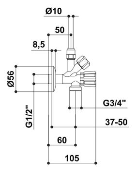 RAF kombinovaný rohový ventil 1/2"x3/8"x3/4", chrom RV1316 Technický nákres