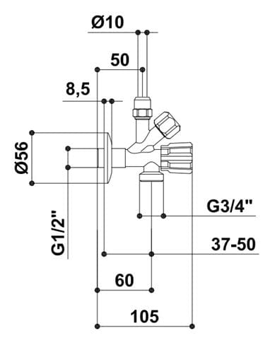RAF kombinovaný rohový ventil 1/2"x3/8"x3/4", chrom RV1316 Technický nákres