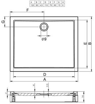 RIHO DAVOS 275 sprchová vanička 120x80 cm, akrylát, s nožičkami D002014005 Technický nákres