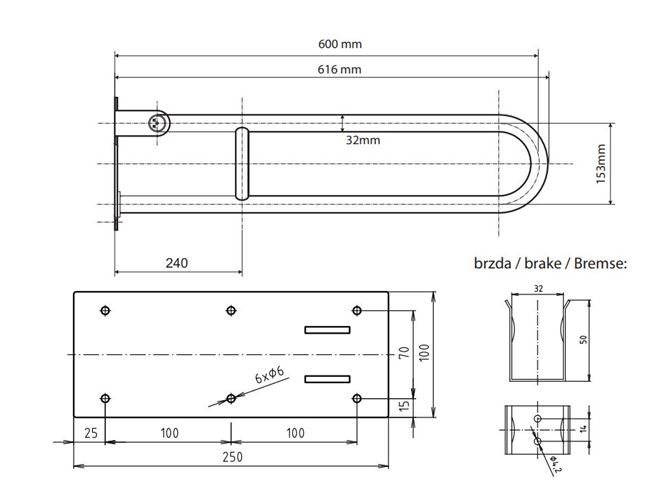 BEMETA HELP sklopné madlo 616 mm, nerez 301102071 Technický nákres