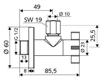 SCHELL 4WING rohový ventil 1/2"x3/8", chrom 053930699 Technický nákres