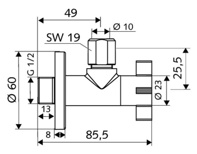 SCHELL 4WING rohový ventil 1/2"x3/8", chrom 053930699 Technický nákres