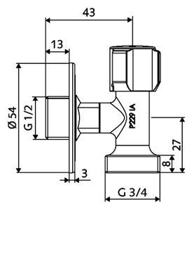 SCHELL COMFORT pračkový ventil 1/2"x3/4", chrom 054400699 Technický nákres