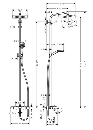 HANSGROHE CROMETTA E SHOWERPIPE 240 vanová termostatická baterie, s horní a ruční sprchou se 2 proudy, chrom 27298000 Technický nákres