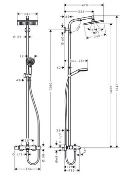 HANSGROHE CROMETTA E SHOWERPIPE 240 vanová termostatická baterie, s horní a ruční sprchou se 2 proudy, chrom 27298000 Technický nákres