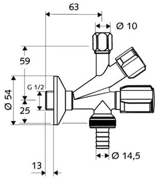 SCHELL COMFORT kombinovaný rohový ventil 1/2"x3/8"x3/4", s filtrem, chrom 035600699 Technický nákres