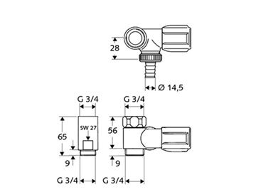 SCHELL COMFORT pračkový ventil 3/4"x3/4"x3/4", chrom 033240699 Technický nákres