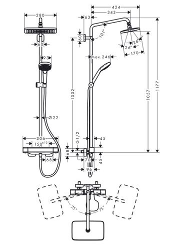 HANSGROHE CROMA E SHOWERPIPE 280 sprchový set s termostatickou baterií, horní sprcha, ruční sprcha se 3 proudy, tyč, hadice, chrom 27630000 Technický nákres