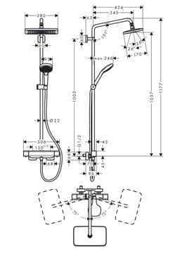 HANSGROHE CROMA E SHOWERPIPE 280 sprchový set s termostatickou baterií, horní sprcha, ruční sprcha se 3 proudy, tyč, hadice, chrom 27630000 Technický nákres