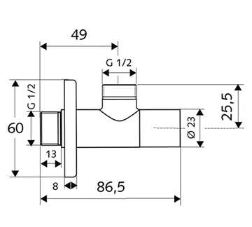 SCHELL STILE rohový ventil 1/2"x1/2", chrom 053770699 Technický nákres