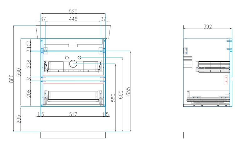 CONCEPT 50 skříňka pod umyvadlo 52x39,2x55 cm, 2 zásuvky, lesklá bílá 808761 Technický nákres