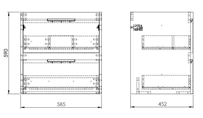 ROCA ALPINE skříňka pod umyvadlo 58,5x59x45,2 cm, 2 zásuvky, světlý dub A857863464 Technický nákres