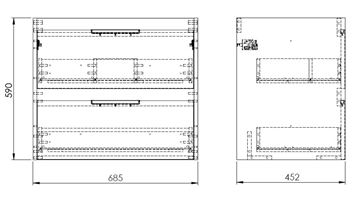 ROCA ALPINE skříňka pod umyvadlo 68,5x59x45,2 cm, 2 zásuvky, světlý dub A857864464 Technický nákres