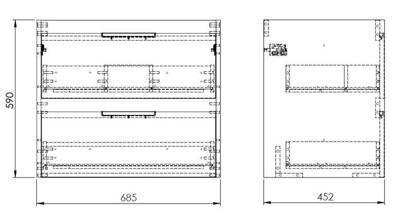 ROCA ALPINE skříňka pod umyvadlo 68,5x59x45,2 cm, 2 zásuvky, světlý dub A857864464 Technický nákres