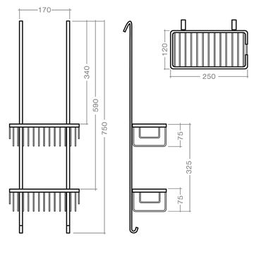 ROTH SHELF UNI drátěná police 250 mm, dvoupatrová, na sprchový kout, chrom 8000279 Technický nákres