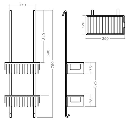 ROTH SHELF UNI drátěná police 250 mm, dvoupatrová, na sprchový kout, chrom 8000279 Technický nákres