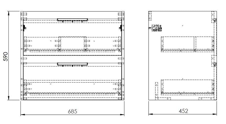 ROCA ALPINE skříňka pod umyvadlo 68,5x59x45,2 cm, 2 zásuvky, lesklá bílá A857864806 Technický nákres