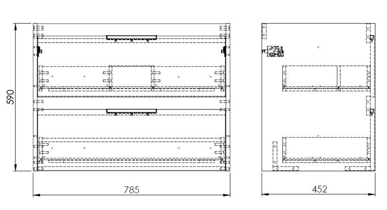 ROCA ALPINE skříňka pod umyvadlo 78,5x59x45,2 cm, 2 zásuvky, světlý dub A857865464 Technický nákres