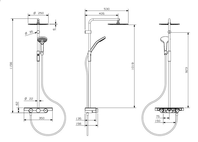 NDW COLONNA VETRO SIMETRY sprchový set s termostatickou baterií, horní sprcha, ruční sprcha se 3 proudy, tyč, hadice, chrom/bílé sklo PM10154/W Technický nákres