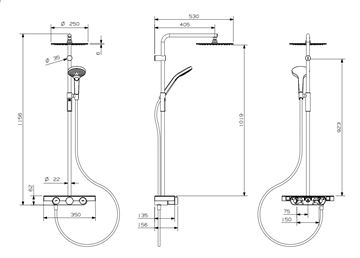NDW COLONNA VETRO SIMETRY sprchový set s termostatickou baterií, horní sprcha, ruční sprcha se 3 proudy, tyč, hadice, chrom/bílé sklo PM10154/W Technický nákres