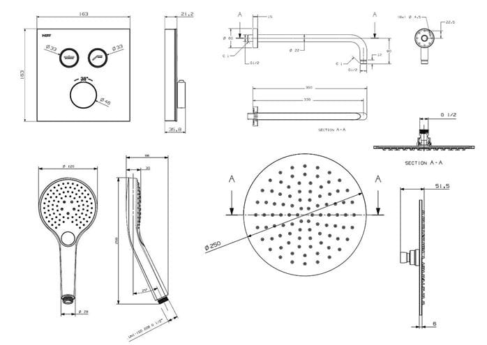 NDW KIT SWISSBOX sprchový set s termostatickou podomítkovou baterií, horní sprcha, ruční sprcha se 3 proudy, hadice, držák, chrom PM09068/CH Technický nákres