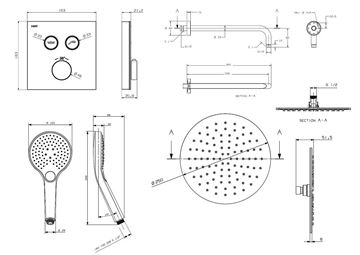 NDW KIT SWISSBOX sprchový set s termostatickou podomítkovou baterií, horní sprcha, ruční sprcha se 3 proudy, hadice, držák, chrom PM09068/CH Technický nákres