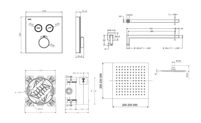 NDW KIT SWISSBOX sprchový set s termostatickou podomítkovou baterií, horní sprcha, ruční sprcha se 3 proudy, hadice, držák, chrom PM09069/CH Technický nákres