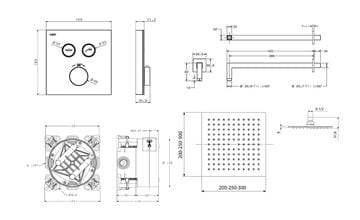 NDW KIT SWISSBOX sprchový set s termostatickou podomítkovou baterií, horní sprcha, ruční sprcha se 3 proudy, hadice, držák, chrom PM09069/CH Technický nákres