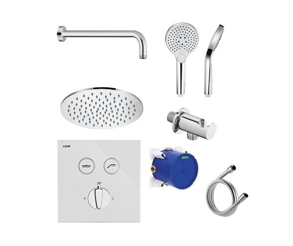 NDW KIT SWISSBOX sprchový set s termostatickou podomítkovou baterií, horní sprcha, ruční sprcha se 3 proudy, hadice, držák, chrom/bílé sklo PM09071/W Obrázek - fotka