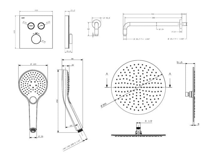 NDW KIT SWISSBOX sprchový set s termostatickou podomítkovou baterií, horní sprcha, ruční sprcha se 3 proudy, hadice, držák, chrom/černé sklo PM09071/B Technický nákres