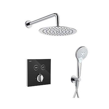 NDW KIT SWISSBOX sprchový set s termostatickou podomítkovou baterií, horní sprcha, ruční sprcha se 3 proudy, hadice, držák, chrom/černé sklo