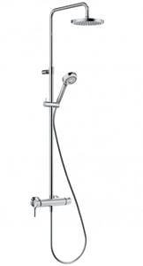KLUDI LOGO DUAL SHOWER sprchový set s termostatickou baterií, horní sprcha, ruční sprcha se 3 proudy, teleskopická tyč, hadice, chrom