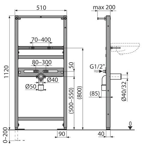 EASY A104/1120 montážní rám pro umyvadlo 112 cm EAM7.1120 Technický nákres