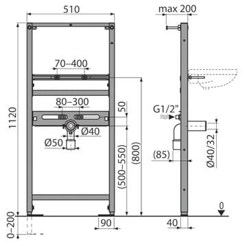 ALCA montážní rám pro umyvadlo 112 cm A104/1120 Technický nákres