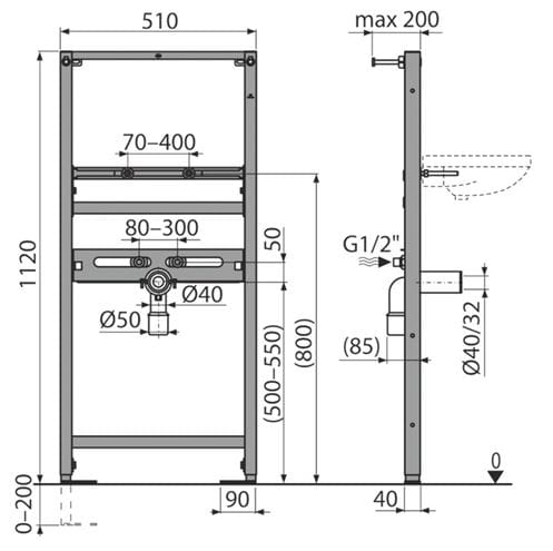 ALCA montážní rám pro umyvadlo 112 cm A104/1120 Technický nákres