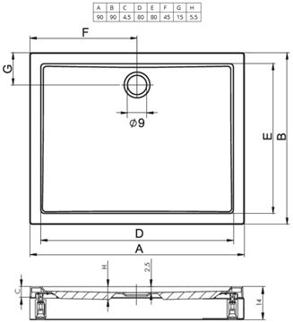 RIHO DAVOS 251 sprchová vanička 90x90 cm, akrylát, s nožičkami D002006005 Technický nákres
