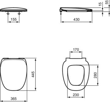 IDEAL STANDARD DEA WC sedátko Ultra Slim, SoftClose, bílá T676701 Technický nákres