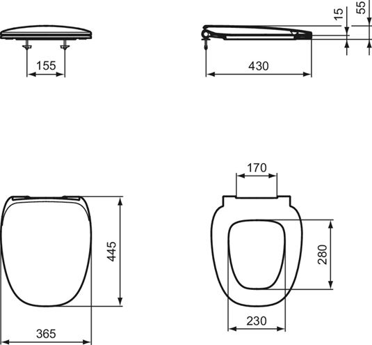 IDEAL STANDARD DEA WC sedátko Ultra Slim, Soft Close, matná bílá T676783 Technický nákres