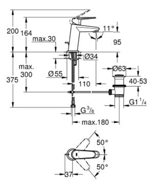 GROHE EURODISC COSMOPOLITAN umyvadlová stojánková baterie, s odtokovou soupravou, chrom 23049002 Technický nákres