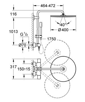 GROHE RAINSHOWER SYSTEM 400 sprchový set s termostatickou baterií, horní sprcha, ruční sprcha, tyč, hadice, chrom 27174001 Technický nákres