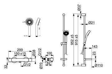 HANSA UNITA sprchový set s termostatickou baterií, ruční sprcha se 3 proudy, tyč, hadice, chrom 48130131 Technický nákres