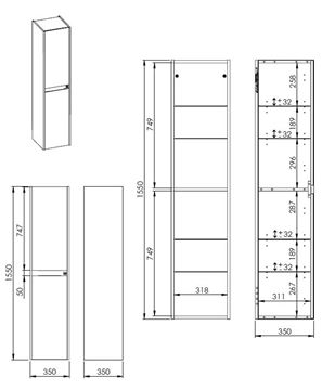 ROCA ALPINE vysoká skříňka 35x35x155 cm, 2 dvířka, světlý dub/černá A857869464 Technický nákres