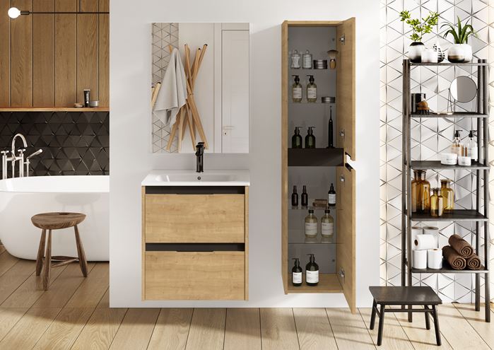 ROCA ALPINE vysoká skříňka 35x35x155 cm, 2 dvířka, světlý dub/černá A857869464 Obrázek - fotka