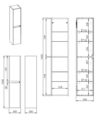 ROCA ALPINE vysoká skříňka 35x35x155 cm, 2 dvířka, lesklá bílá A857869806 Technický nákres