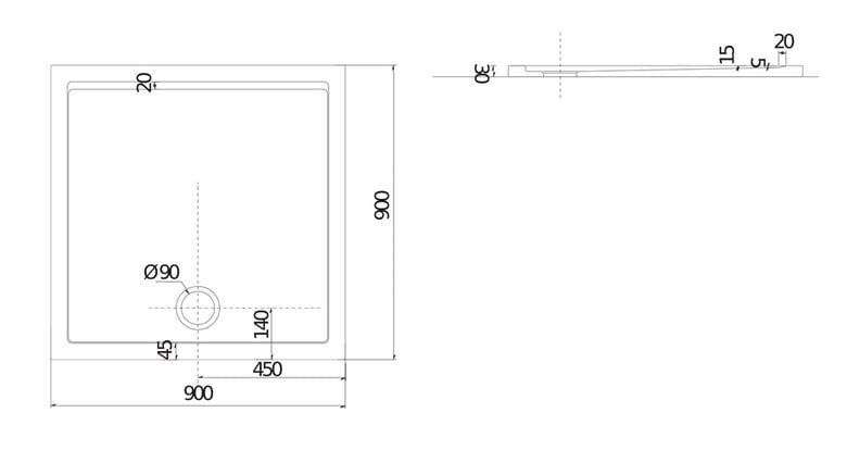 JIKA PADANA sprchová vanička 90x90 cm, litý mramor, samonosná H2119320000001 Technický nákres