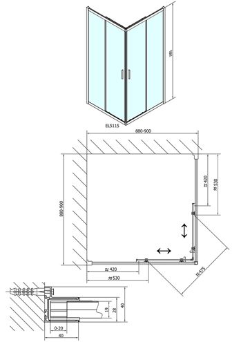 POLYSAN EASY LINE sprchový kout 90x90 cm, rohový vstup, posuvné dveře, čiré sklo EL5115 Technický nákres
