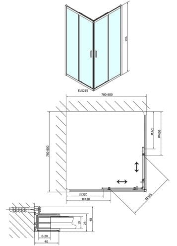 POLYSAN EASY LINE sprchový kout 80x80 cm, rohový vstup, posuvné dveře, čiré sklo EL5215 Technický nákres