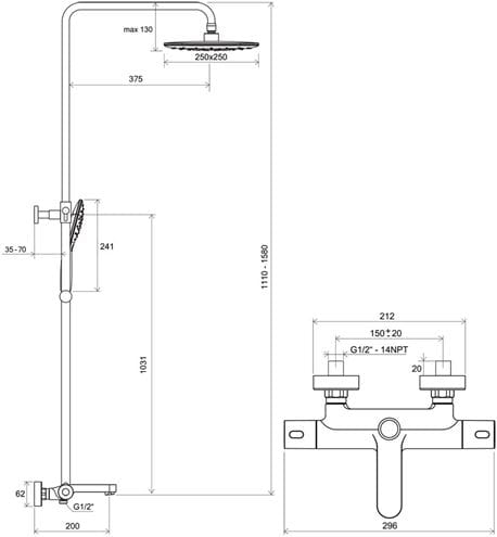 RAVAK TERMO 300 TE 092.00CR/WH vanová termostatická baterie, s horní a ruční sprchou se 3 proudy, chrom/bílá X070098 Technický nákres