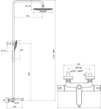 RAVAK TERMO 300 TE 092.00CR/WH vanová termostatická baterie, s horní a ruční sprchou se 3 proudy, chrom/bílá X070098 Technický nákres
